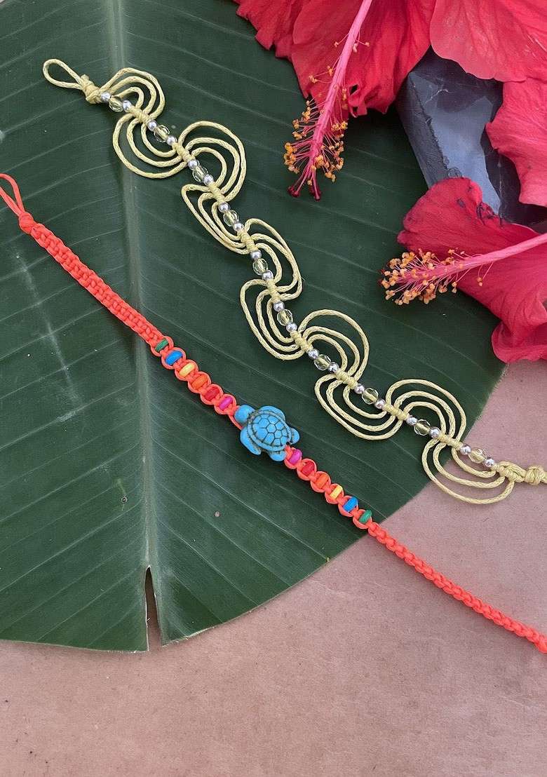 Set Of 2 Beaded And Tortoise Thread Rakhis - Indya