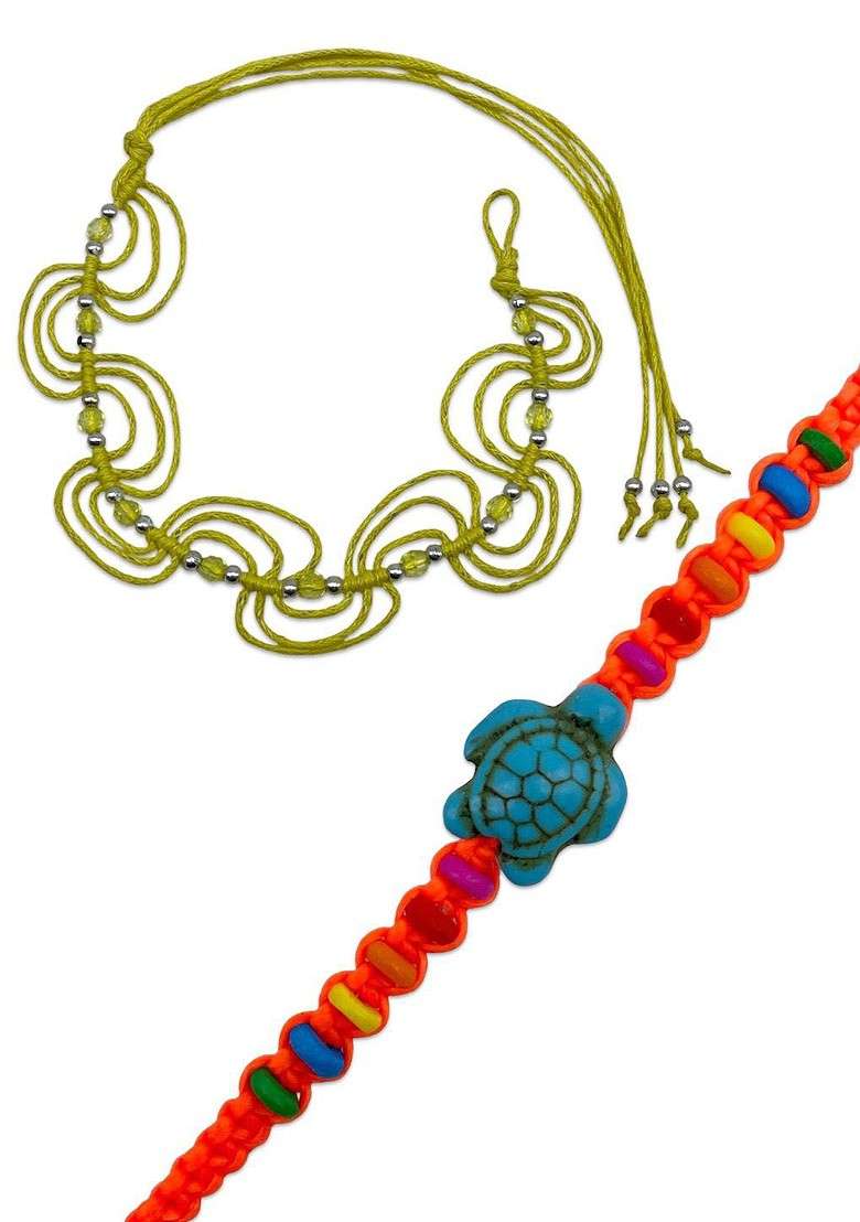 Set Of 2 Beaded And Tortoise Thread Rakhis - Indya