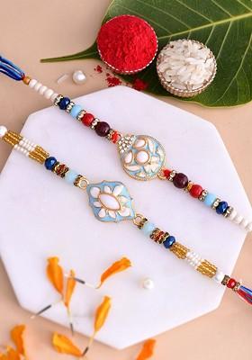 Men Set Of 2 Beaded Thread Rakhis With Roli Rice And Greeting Card