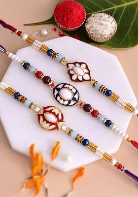 Men Set Of 3 Beaded Enamelled Thread Rakhis With Roli Rice And Greeting Card