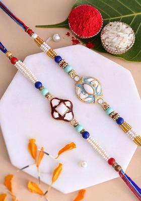 Men Set Of 2 Enamelled Beaded Thread Rakhis With Roli Rice And Greeting Card