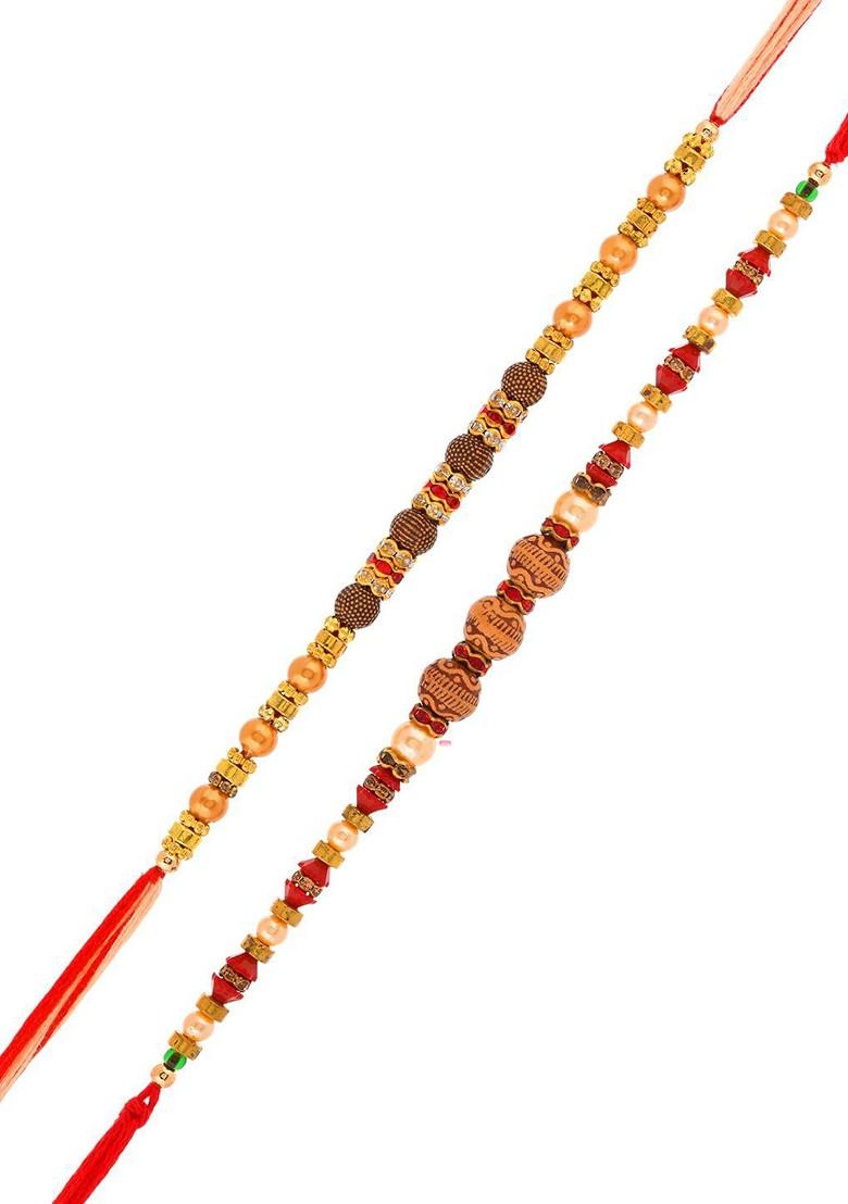Men Set Of 2 Beaded Thread Rakhis With Roli Rice And Greeting Card - Indya