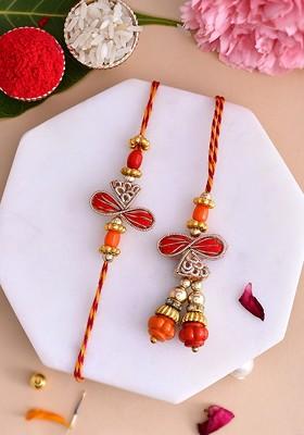 Unisex Beaded Bhaiya Bhabhi Thread Rakhi With Roli Rice And Greeting Card