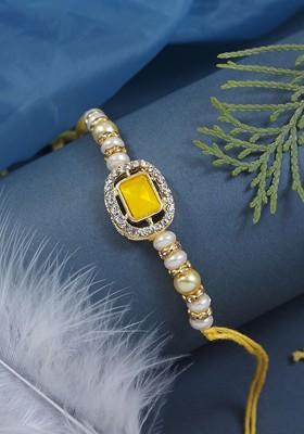 Kundan Studded Pearls Beaded Thread Rakhi With Roli Chawal And Greeting Card