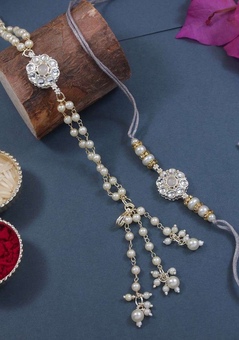 Kundan Studded Pearls Beaded Bhaiya Bhabhi Rakhi With Roli Chawal And Greeting Card - Indya