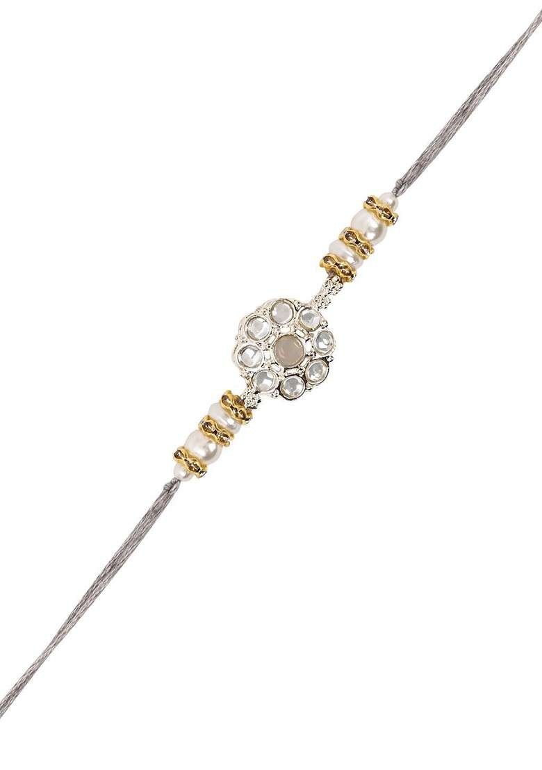 Kundan Studded Pearls Beaded Bhaiya Bhabhi Rakhi With Roli Chawal And Greeting Card - Indya