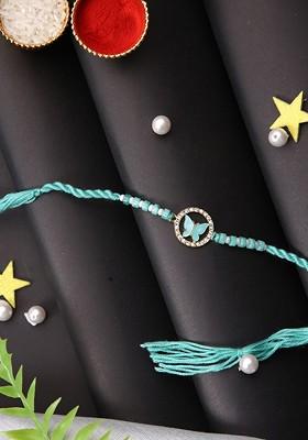 Butterfly Charm Stone Studded And Beaded Thread Rakhi With Roli Chawal