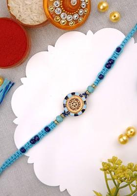 Stone Studded And Beaded Thread Rakhi With Roli Chawal And Greeting Card