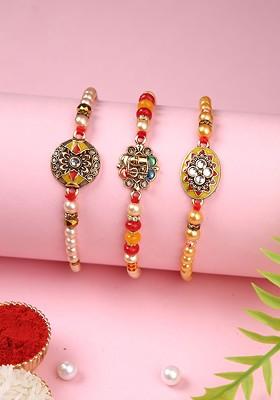 Set Of 3 Beaded Thread Rakhis With Roli Chawal And Greetings Card