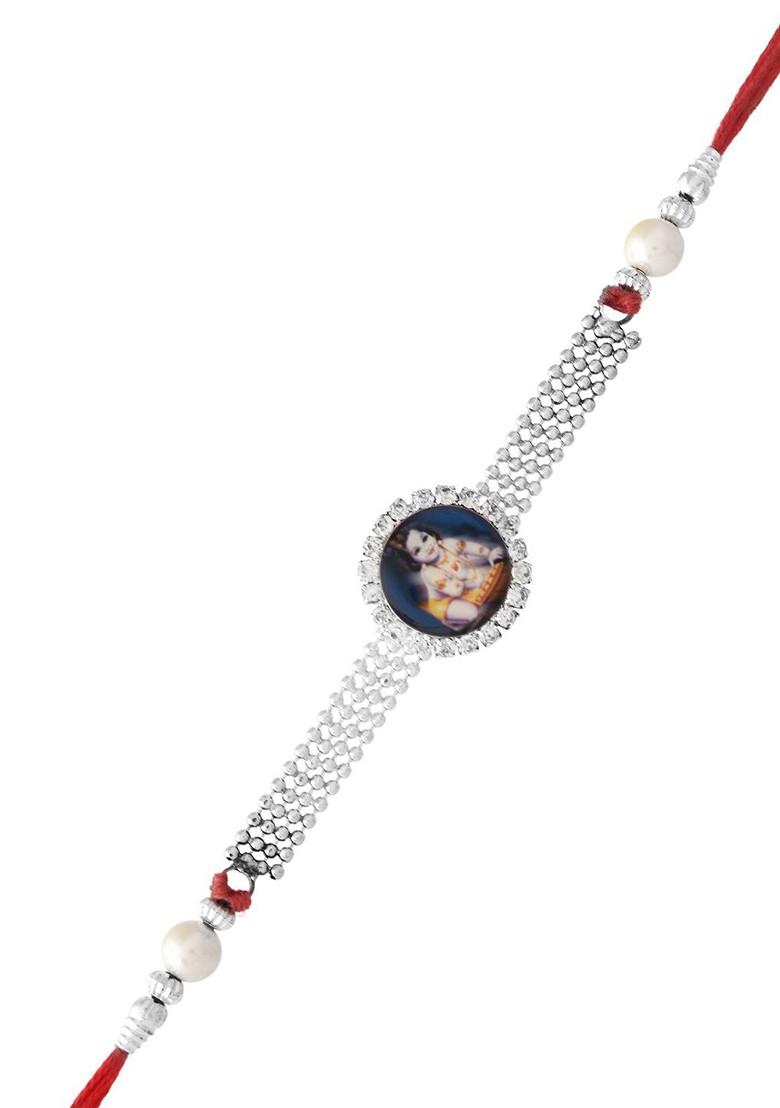 American Diamond Thread Rakhi With Roli Chawal And Greetings Card - Indya