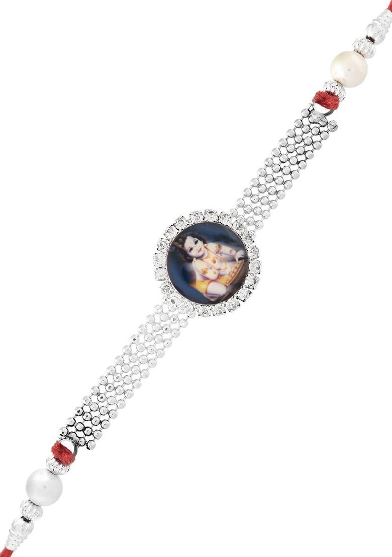 American Diamond Thread Rakhi With Roli Chawal And Greetings Card - Indya