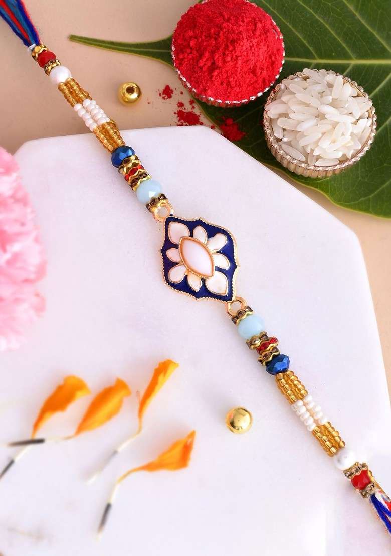 Men Floral Enamelled Beaded Thread Rakhi With Roli Rice And Greeting Card - Indya