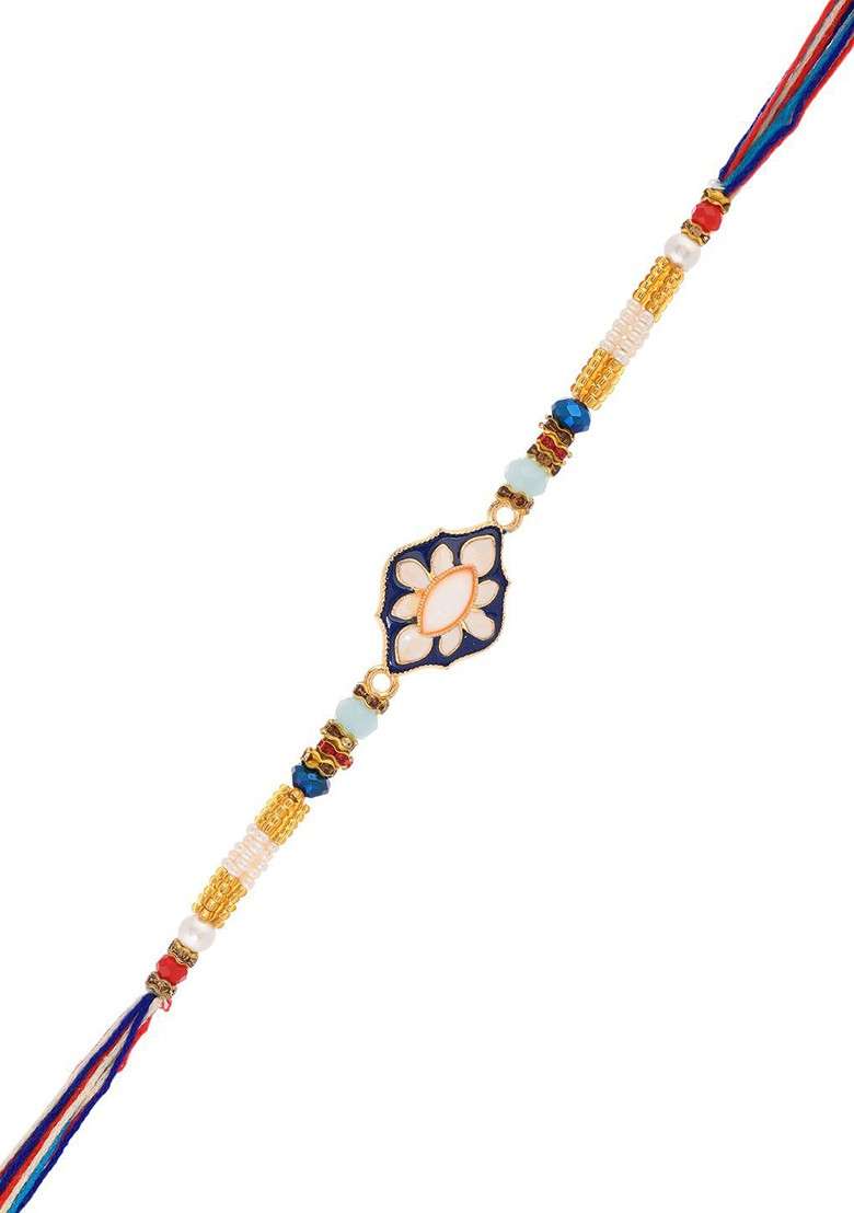 Men Floral Enamelled Beaded Thread Rakhi With Roli Rice And Greeting Card - Indya