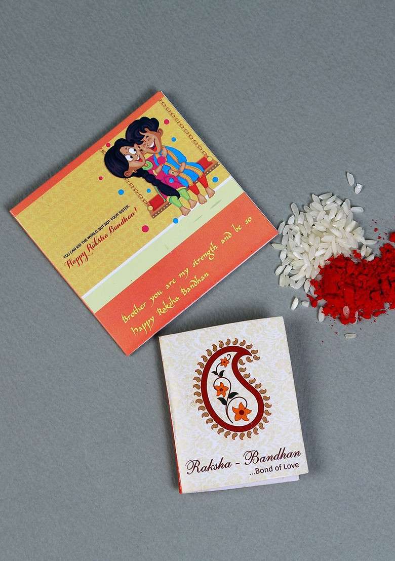 Men Floral Enamelled Beaded Thread Rakhi With Roli Rice And Greeting Card - Indya