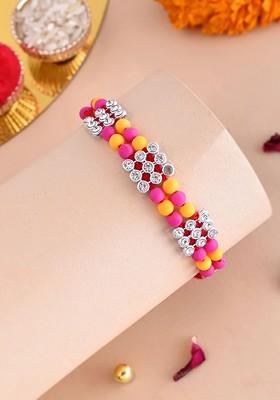 Men Stones Studded And Beaded Thread Rakhi With Roli Rice And Greeting Card