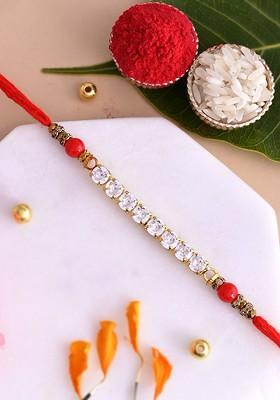 Men American Diamond Studded Thread Rakhi With Roli Rice And Greeting Card