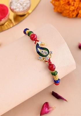 Men Beaded Thread Rakhi With Roli Rice And Greeting Card