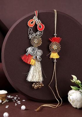 Gold Plated Floral Bhaiya Bhabhi Rakhi With Roli Chawal And Greetings Card