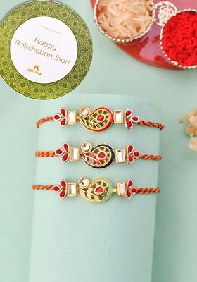 Gold Toned Set Of 3 Kundan Work Thread Rakhis With Roli Chawal And Greetings Card