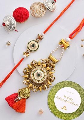 Gold Toned Kundan Bhaiya Bhabhi Thread Rakhi With Roli Chawal And Greetings Card