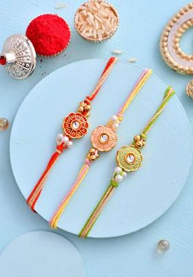 Red Set Of 3 Kundan Studded And Beaded Thread Rakhi