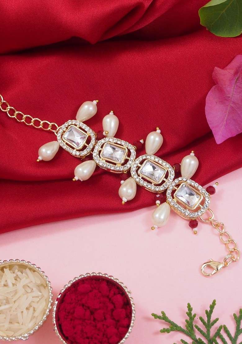 Gold Plated Kundan And Pearl Beaded Lumba Bracelet Rakhi - Indya