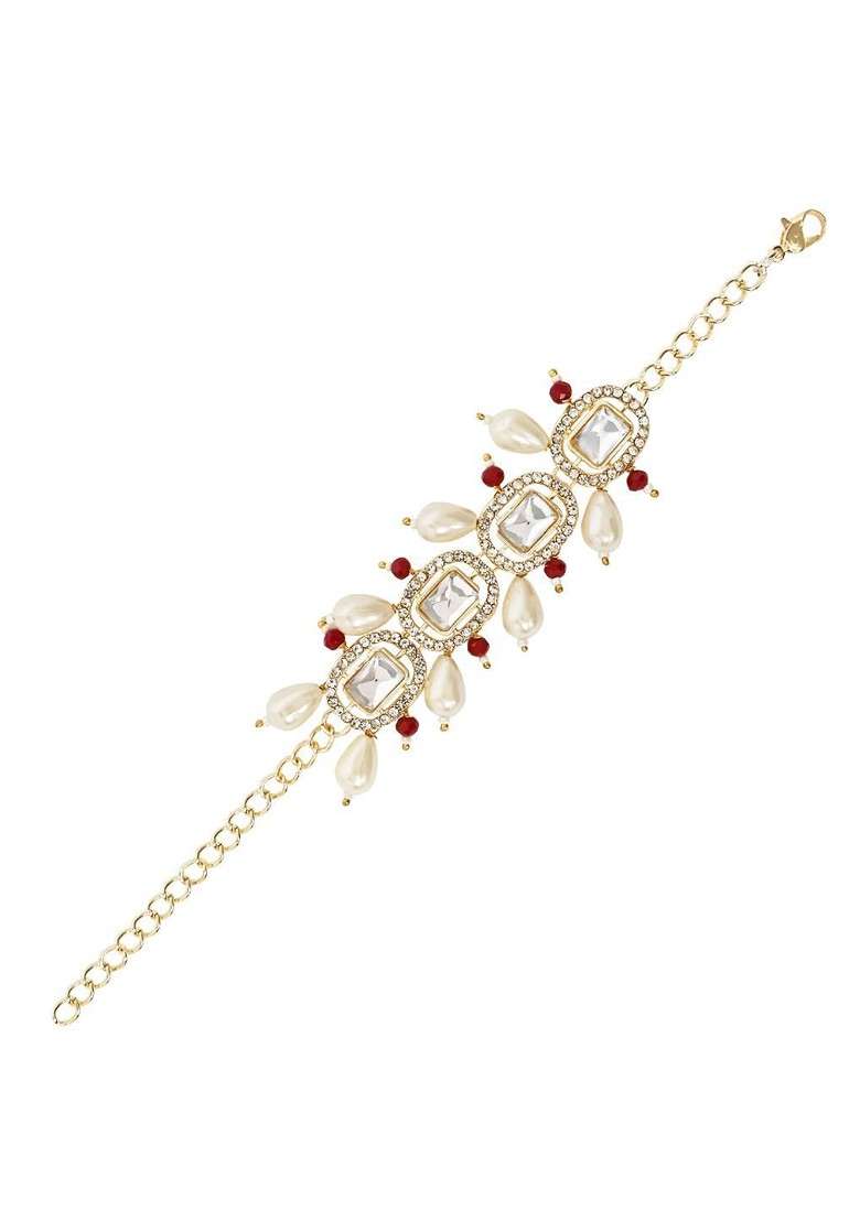 Gold Plated Kundan And Pearl Beaded Lumba Bracelet Rakhi - Indya