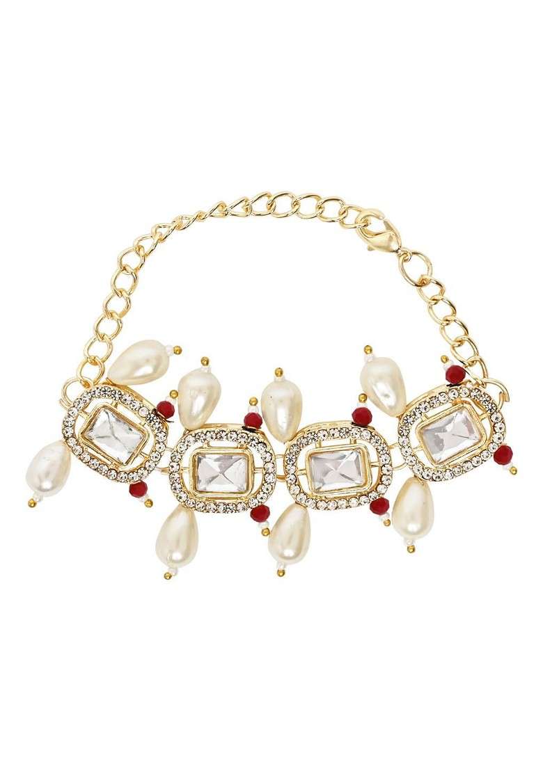 Gold Plated Kundan And Pearl Beaded Lumba Bracelet Rakhi - Indya