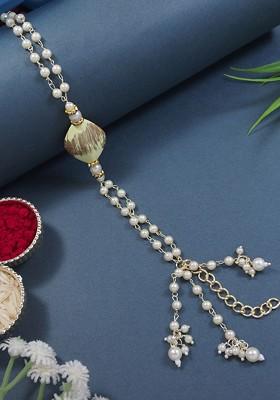 Gold Plated Kundan And Pearl Beaded Lumba Bracelet Rakhi
