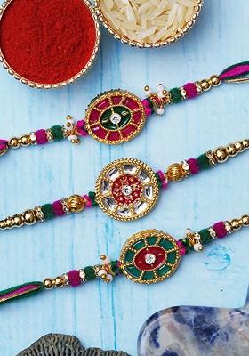 Set Of 3 Kundan Studded Rakhis With Roli And Chawal