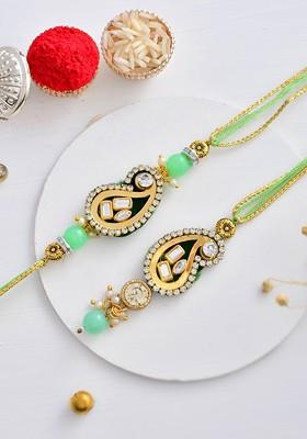 Green Kundan Studded And Beaded Bhaiya Bhabhi Thread Rakhi