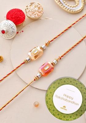 Set Of 2 Red Kundan Studded And Beaded Thread Rakhi