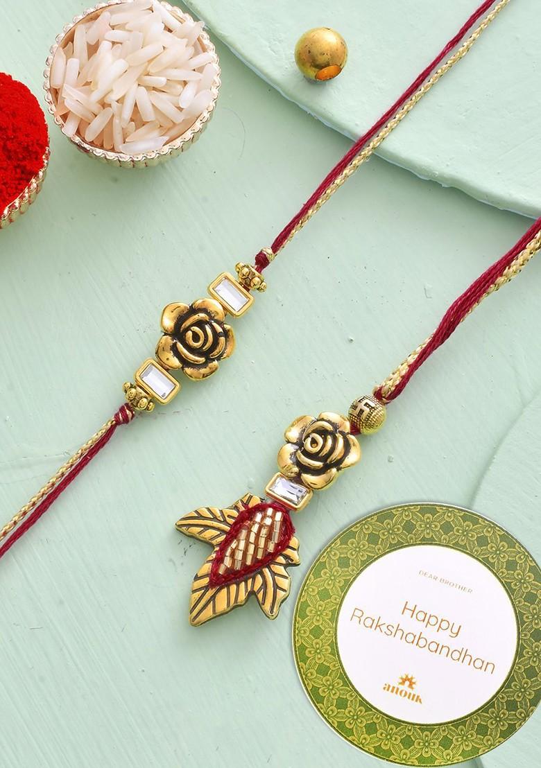 Gold Toned Beaded Bhaiya Bhabhi Thread Rakhi - Indya