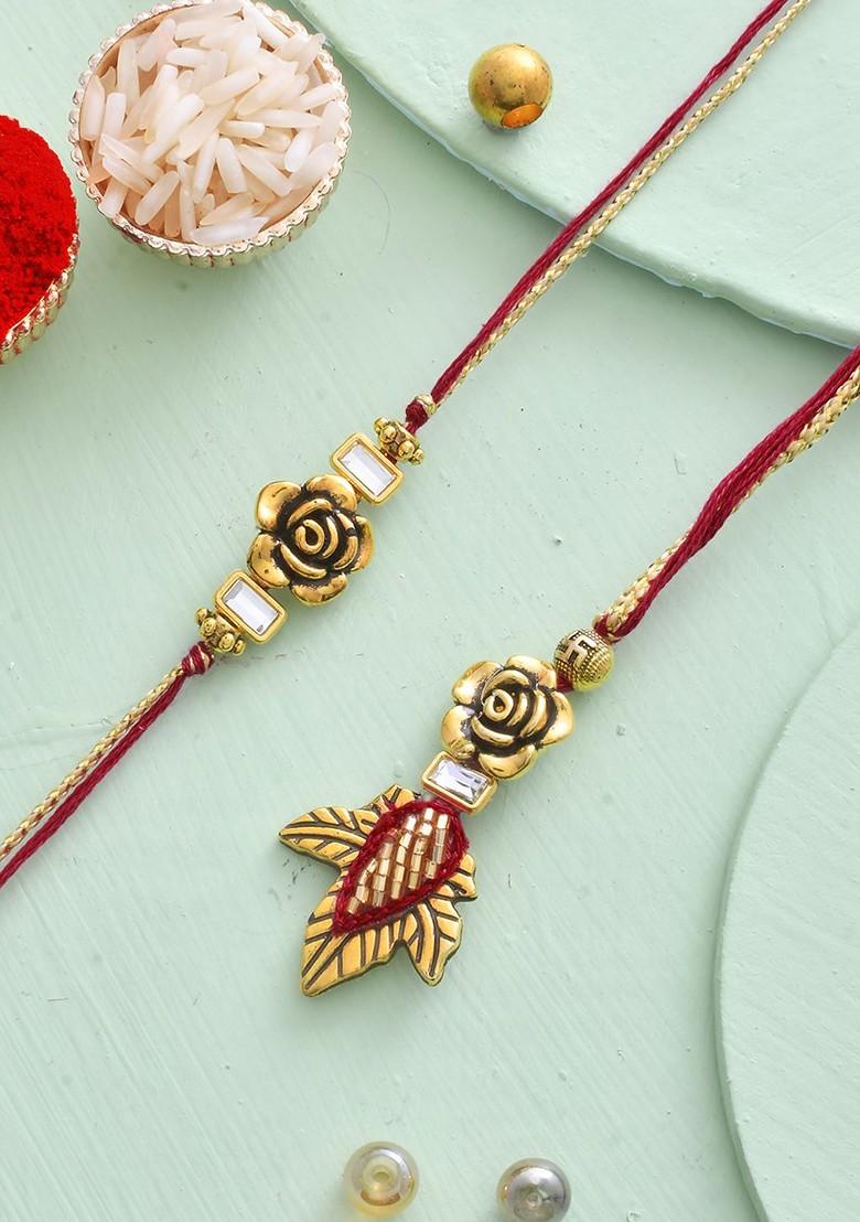 Gold Toned Beaded Bhaiya Bhabhi Thread Rakhi - Indya