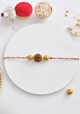 Rudraksh Beaded Braided Thread Rakhi With Roli Chawal And Greetings Card