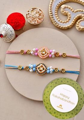 Set Of 2 Kundan Studded Thread Rakhi With Roli Chawal And Greetings Card