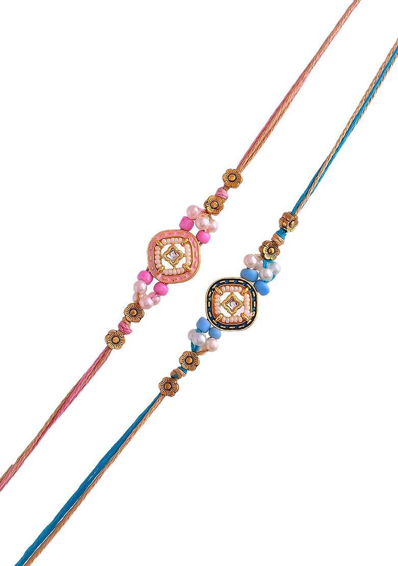Set Of 2 Kundan Studded Thread Rakhi With Roli Chawal And Greetings Card - Indya