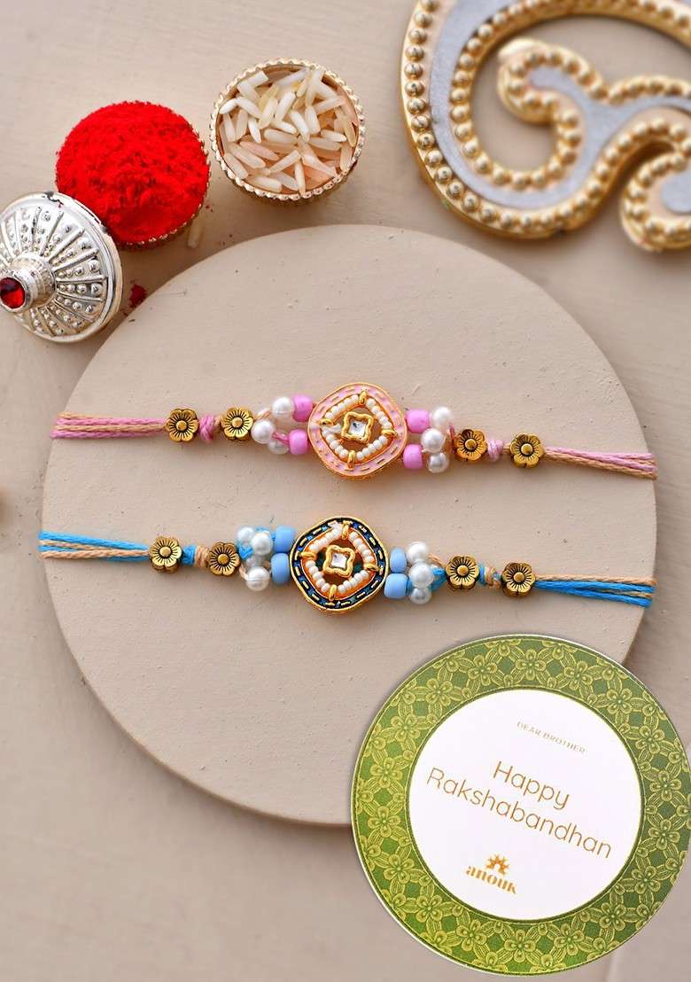 Set Of 2 Kundan Studded Thread Rakhi With Roli Chawal And Greetings Card - Indya