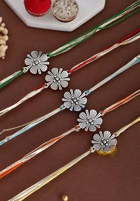 Set Of 5 Floral Thread Rakhis With Greetings Card And Roli Chawal