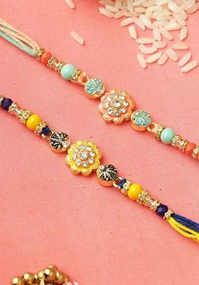 Set Of 2 Stone Studded And Beaded Rakhis With Roli Chawal And Greetings Card