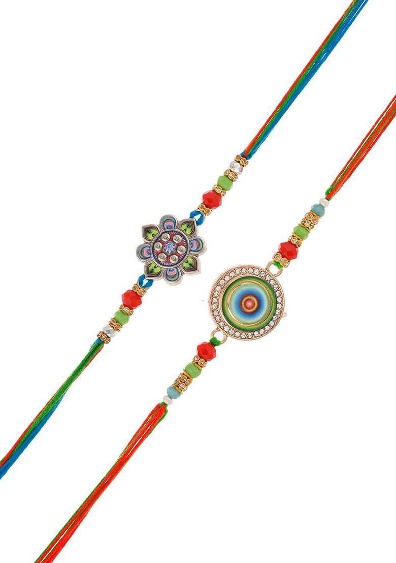 Set Of 2 Braided And Rudraksh Beaded Rakhi With Roli Chawal And Greeting Card - Indya