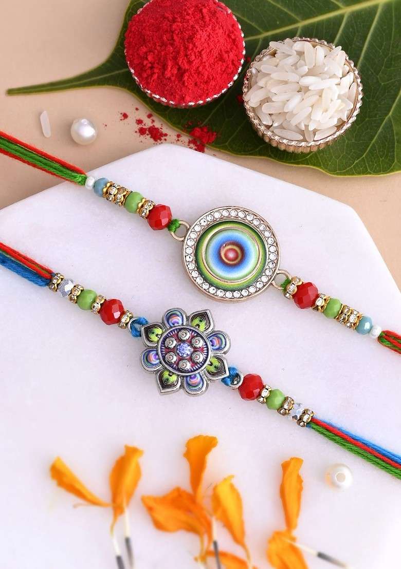 Set Of 2 Braided And Rudraksh Beaded Rakhi With Roli Chawal And Greeting Card - Indya