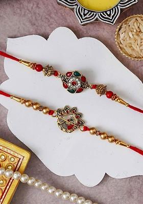 Set Of 2 Floral And Peacock Designer Rakhis With Roli Chawal