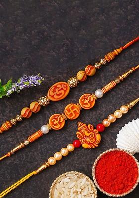 Set Of 3 Ganesha Om Swastika Rakhi With Roli Chawal