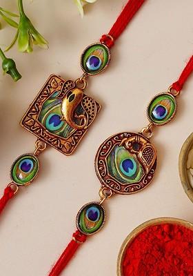 Set Of 2 Ganesha Peacock Feather Thread Rakhi With Roli Chawal