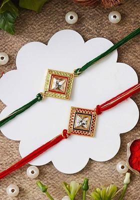 Set Of 2 Stones Studded Designer Rakhis With Roli Chawal