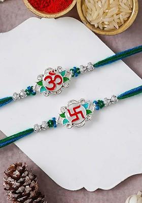 Set Of 2 Swastika Om Symbol Design Thread Rakhis With Roli Chawal