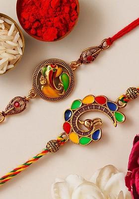 Set Of 2 Lord Ganesha Peacock Designer Thread Rakhis With Roli Chawal