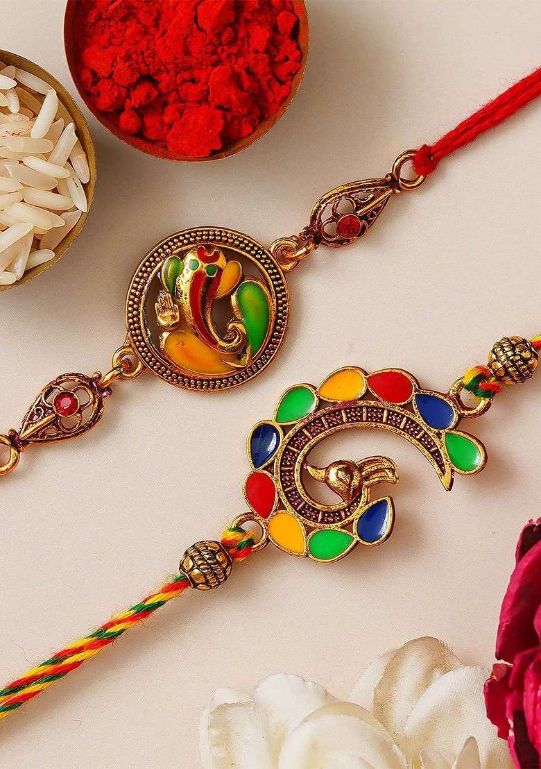 Set Of 2 Lord Ganesha Peacock Designer Thread Rakhis With Roli Chawal - Indya