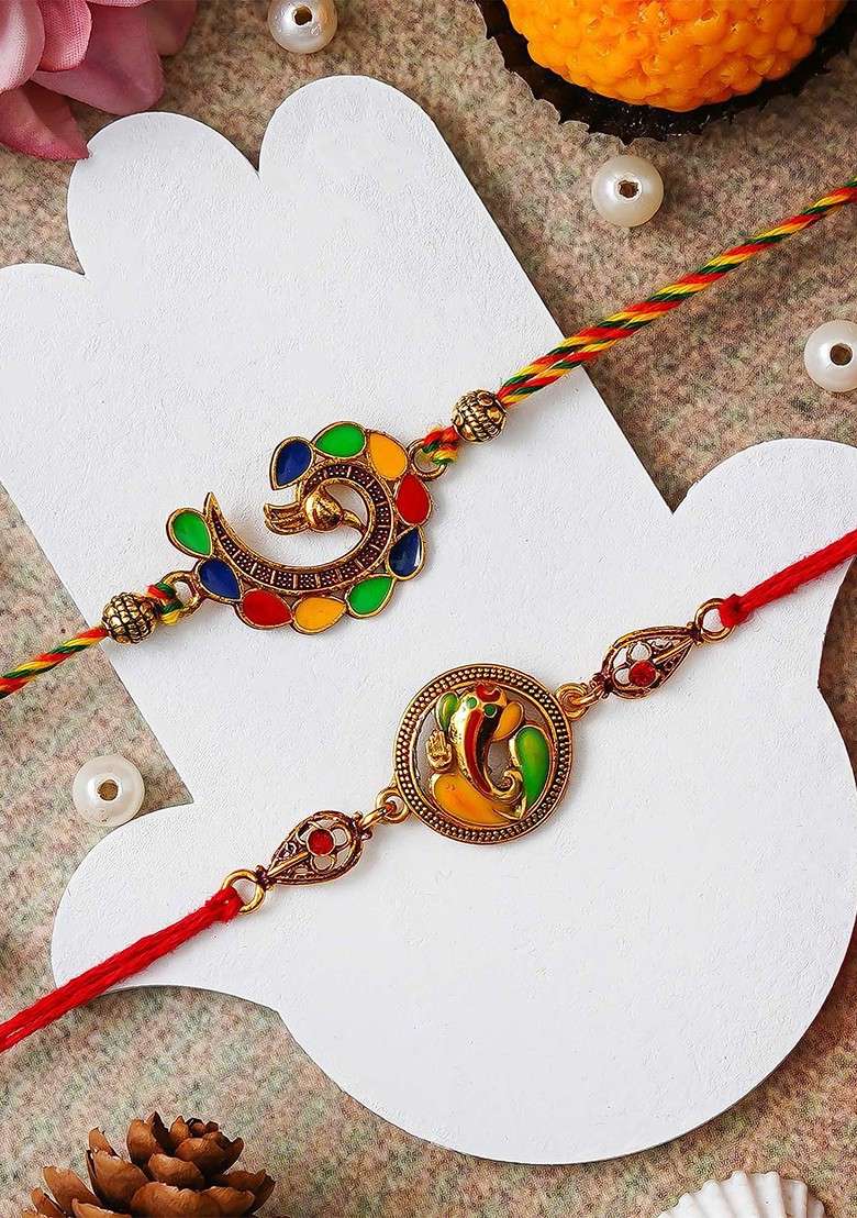 Set Of 2 Lord Ganesha Peacock Designer Thread Rakhis With Roli Chawal - Indya